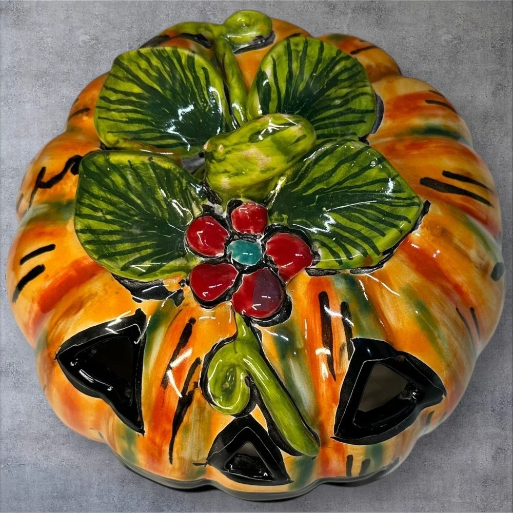 Hand Painted Ceramic Pumpkin Jack-O-Lantern H. MEX Mexican‎ Folk Art 7